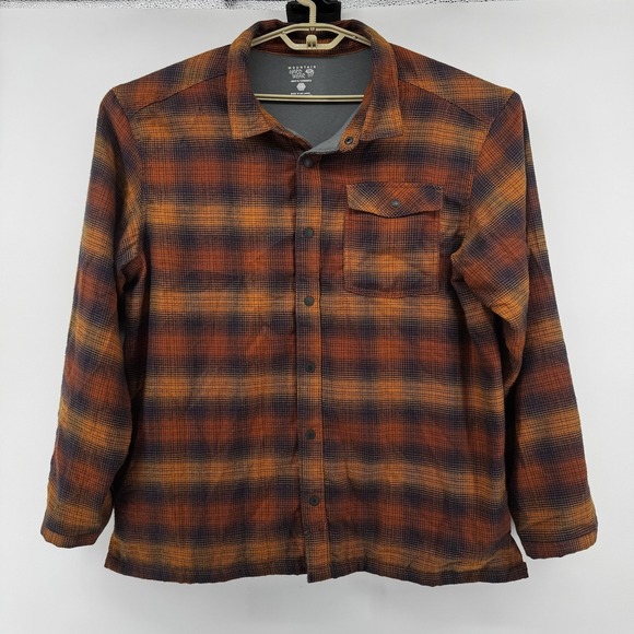 Mountain Hardwear Shirt Shacket Jacket Mens Large Orange Brown Plaid Snap Front - Picture 8 of 14